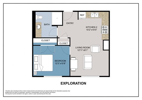 Floor plan for 1 bed, 1 bath, 571 sqft